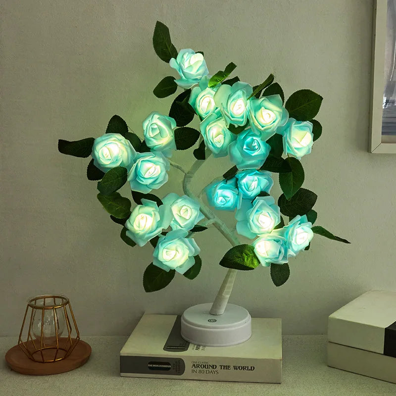 LED Rose Flower with leaf Table Lamp USB Christmas