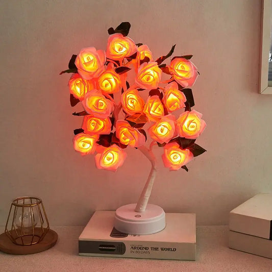 LED Rose Flower with leaf Table Lamp USB Christmas