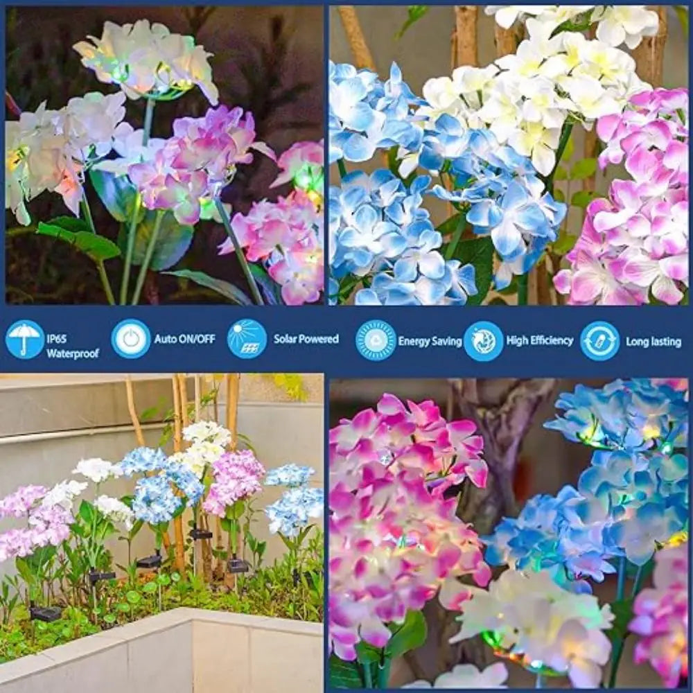 3Head Hydrangea Rose Flower Solar Led Light Outdoor