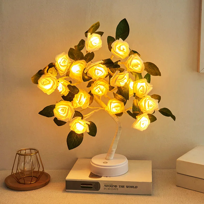 LED Rose Flower with leaf Table Lamp USB Christmas