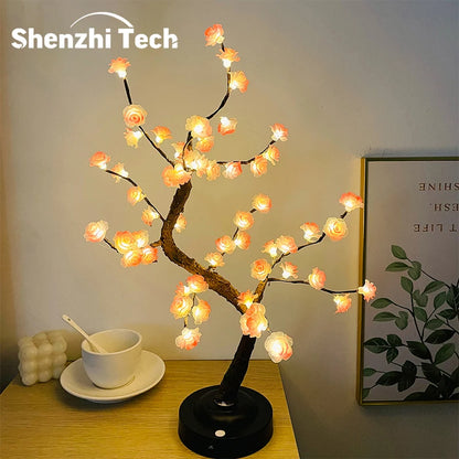 LED Tree Light, Pink Flower Table Lamps, Battery/USB Powered