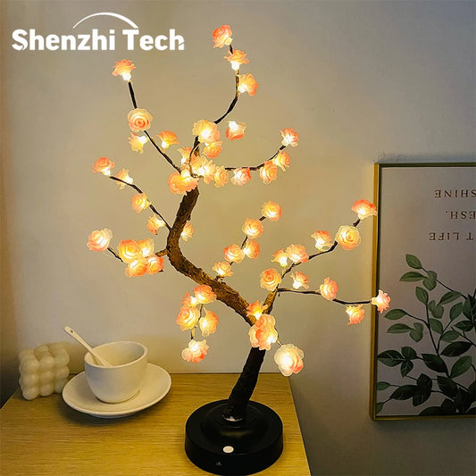 LED Tree Light, Pink Flower Table Lamps, Battery/USB Powered