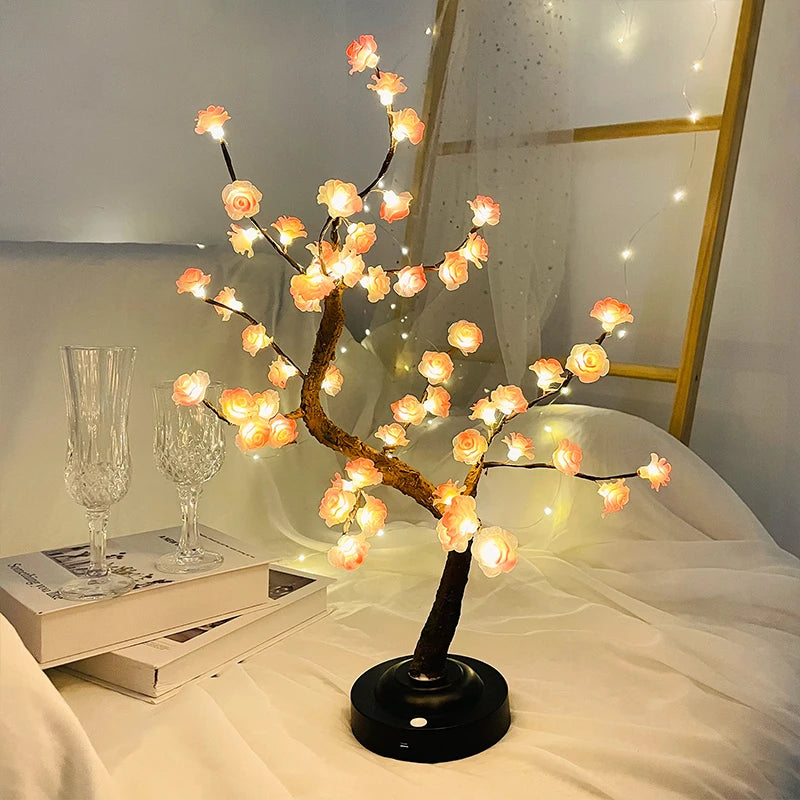 LED Tree Light, Pink Flower Table Lamps, Battery/USB Powered