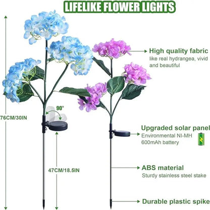 3Head Hydrangea Rose Flower Solar Led Light Outdoor